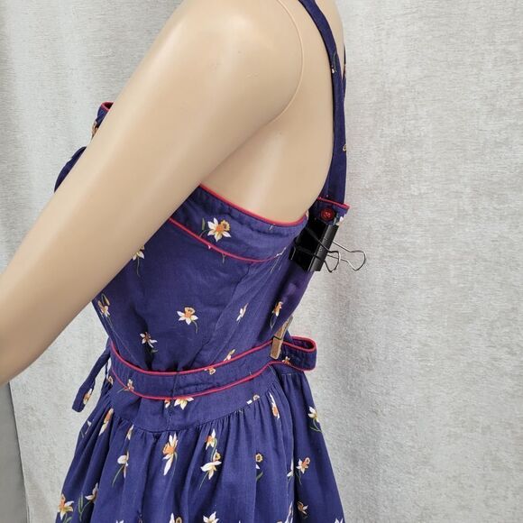 Vintage Sundress Belted Floral Blue Red Pin-Up Rockabilly Cotton 70s - Picture 5 of 14